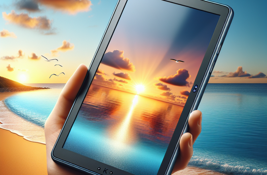 Slim modern e-reader with a shiny screen set against a serene beach backdrop.