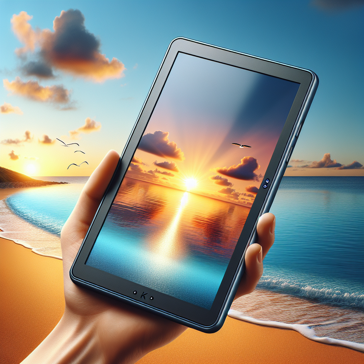 Slim modern e-reader with a shiny screen set against a serene beach backdrop.
